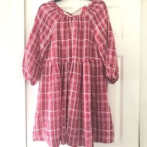 Madewell Pink Sz XS White Plaid Shirred Babydoll Mini Dress